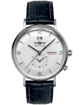 White-dial watch with date at 12, sub-dial at 6, and "Hindenburg Dual Time" branding.