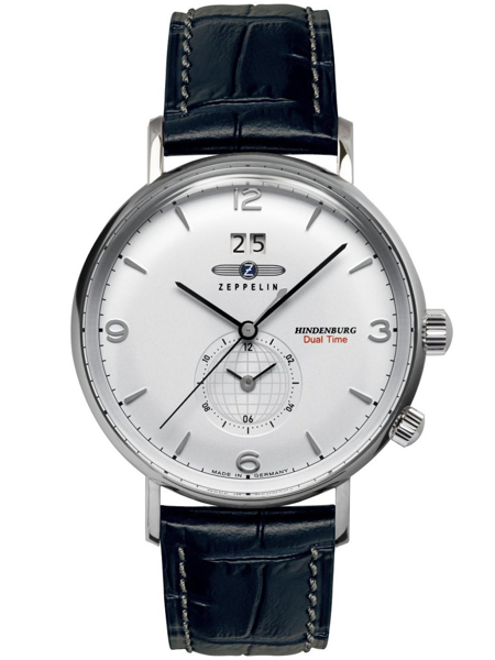 White-dial watch with date at 12, sub-dial at 6, and "Hindenburg Dual Time" branding.