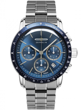 Blue dial watch with chronograph subdials, tachymeter bezel, and date window on a metal bracelet.