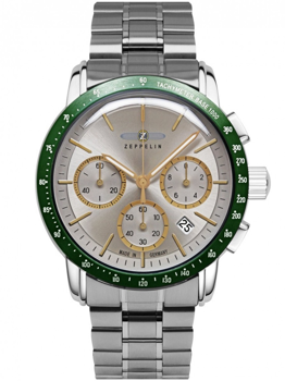 Silver-tone Zeppelin watch with green tachymeter bezel, three sub-dials, and a date display at 4 o'clock.
