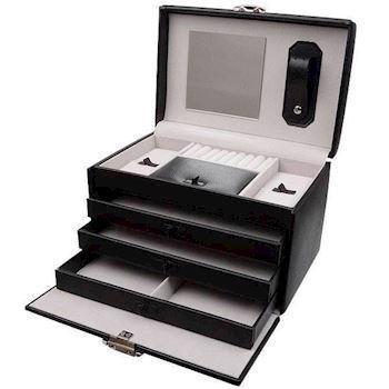 Black Luxury leatherette jewellery box with mirror and 3 drawers